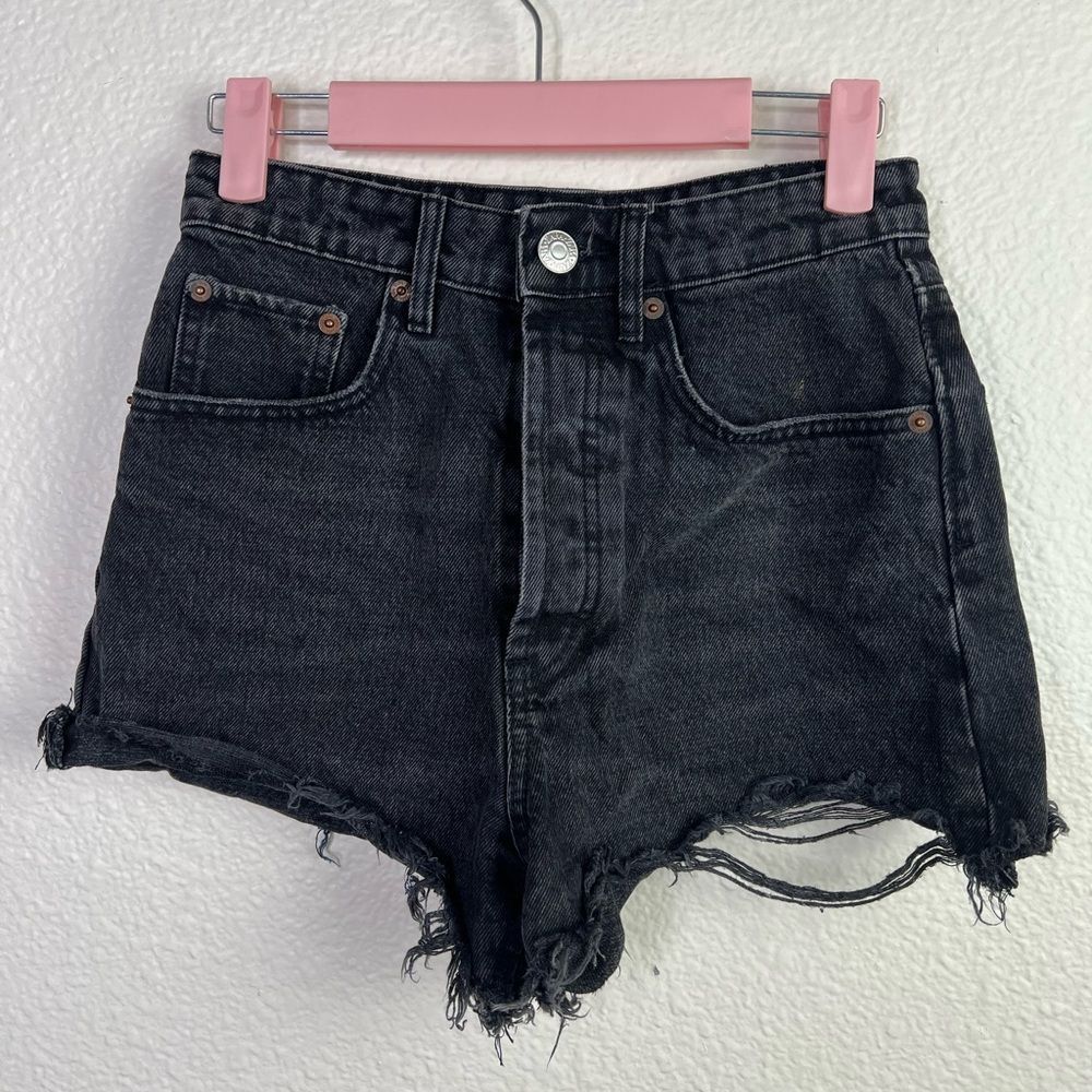 Zara high rise cheeky distress denim black shorts